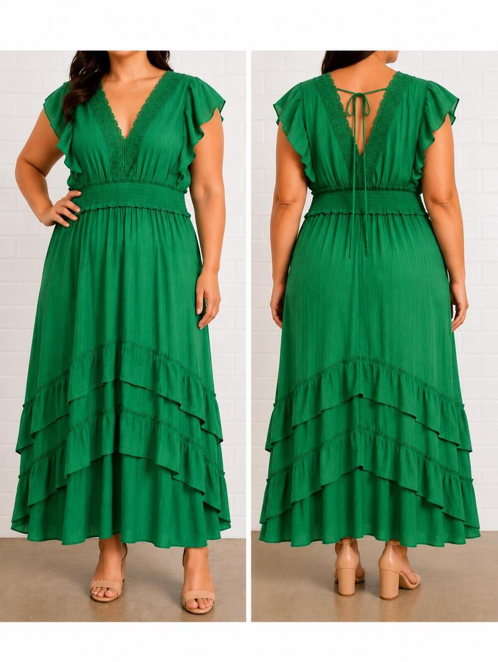 J Gee Kelly Green Boho Style Midi Style Dress Short Flutter Sleeve Elastic Waist